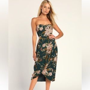 COPY - Lulu’s Effortless Charm Hunter Green Floral Strapless Tulip Midi Dress